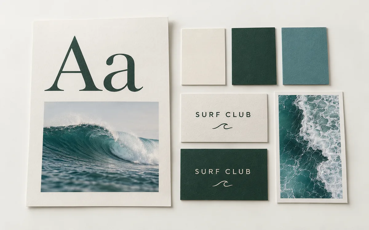A SURF CLUB identity concept with textured cards, an Aa type sample, a green and turquoise palette, and wave photography.