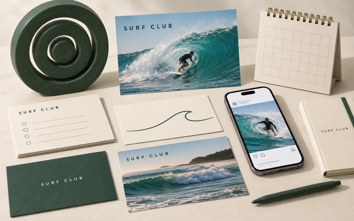 A SURF CLUB campaign concept with a green target, surfing content cards, wave photographs, a paper calendar, and a phone on a cream desk.