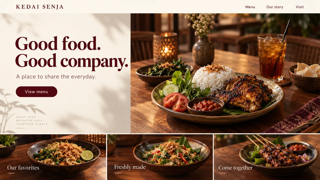 Kedai Senja restaurant website concept with food photography and a menu