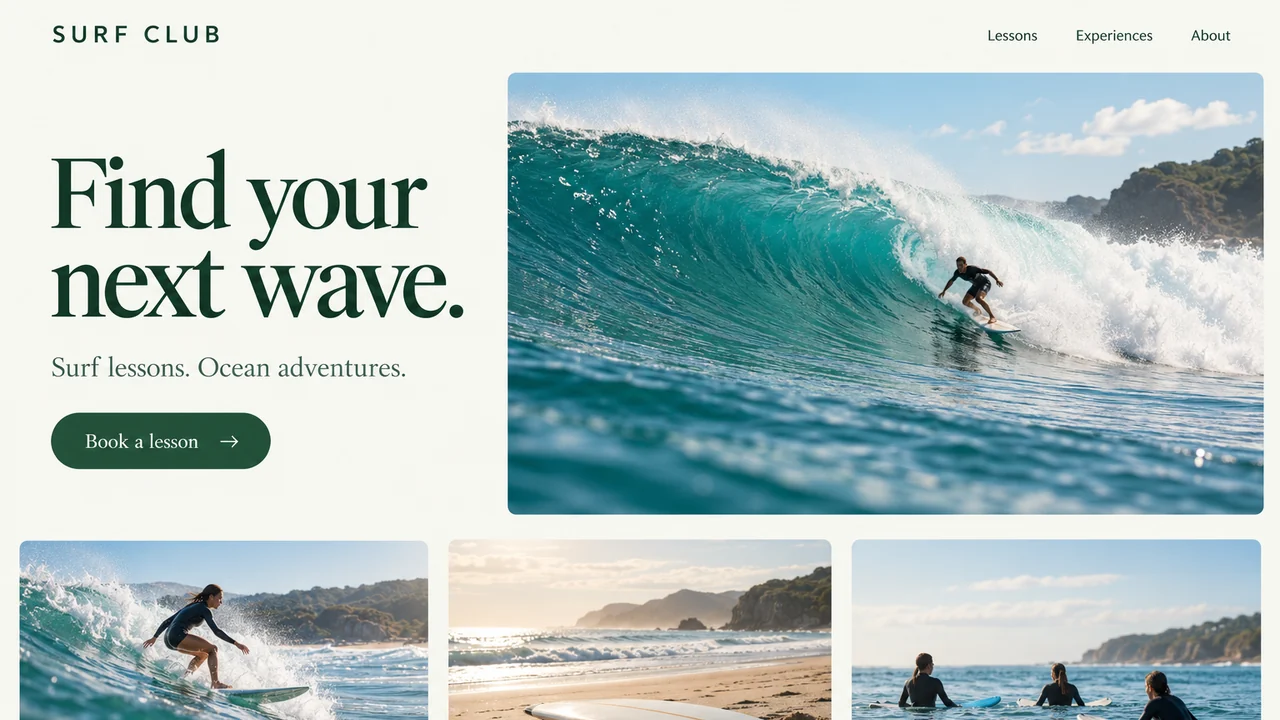 Surf School website concept for surf lessons and experiences